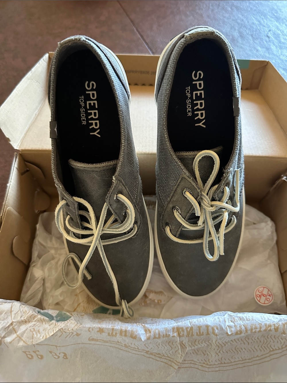 Sperry Charcoal Leather/Canvas Deck Shoes with Cream Laces